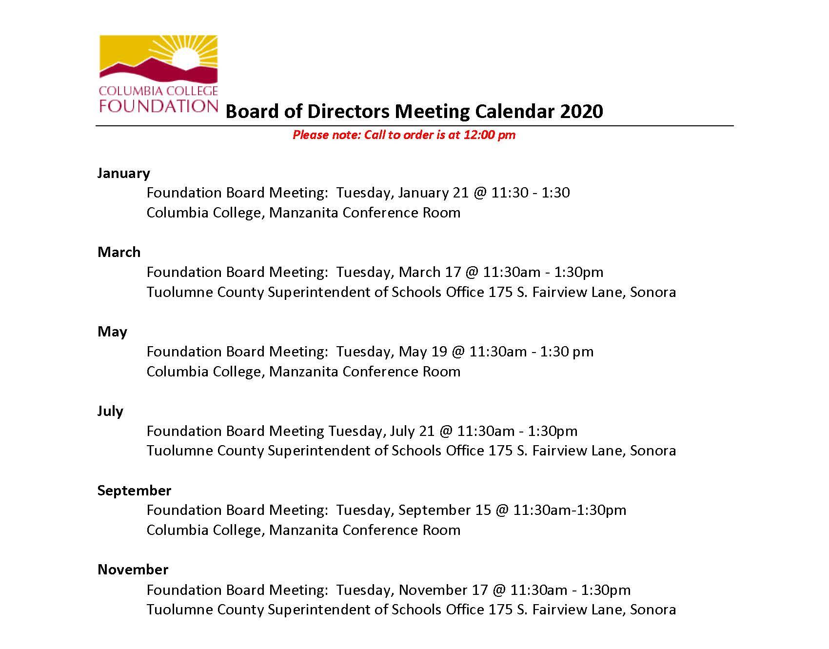 2019 Board Meeting Calendar