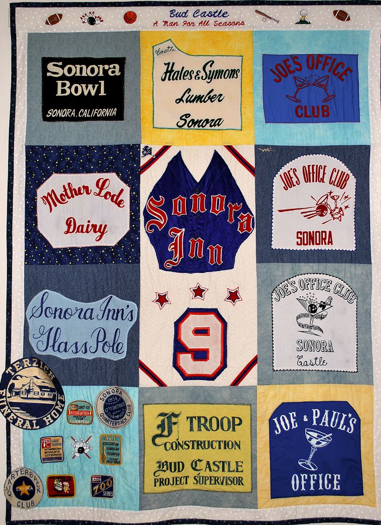 Quilt made by Bud's daughter, Carol, with pieces from his team t-shirts. The #9 image at center is from his shirt when he pitched for the Sonora Quarterback Club, a softball team he played on for years. The other border images are from bowling shirts.
