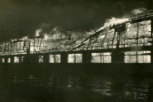 Del's photo of burning barracks, Niigato, Japan, Dec. 1945