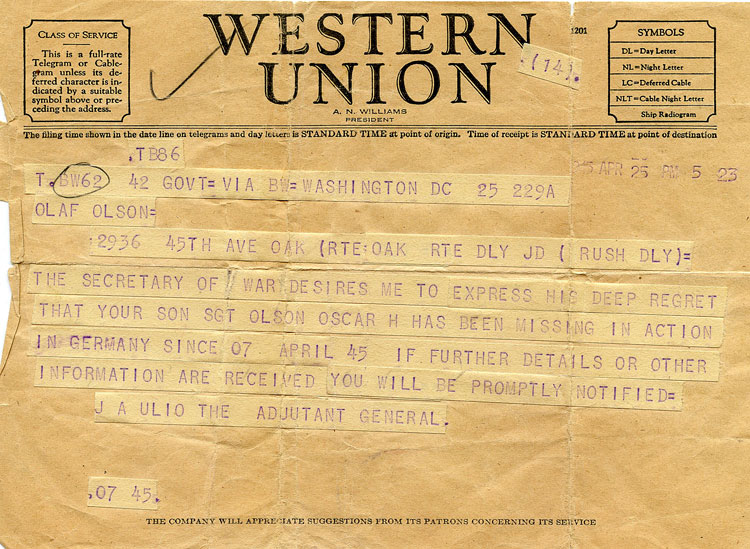 Telegram from the Army to Oscar's parents dated April 25, 1945