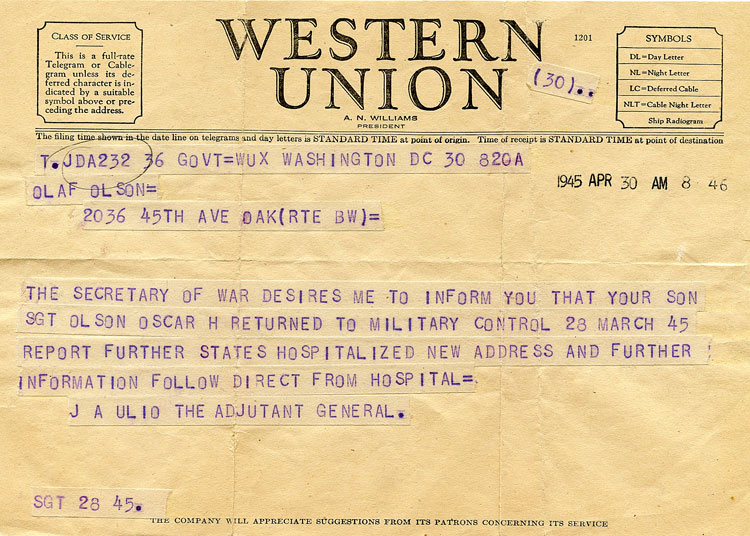 Telegram from the Army to Oscar's parents dated April 30, 1945