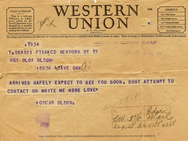 Telegram from Oscar to his parents dated May 15, 1945