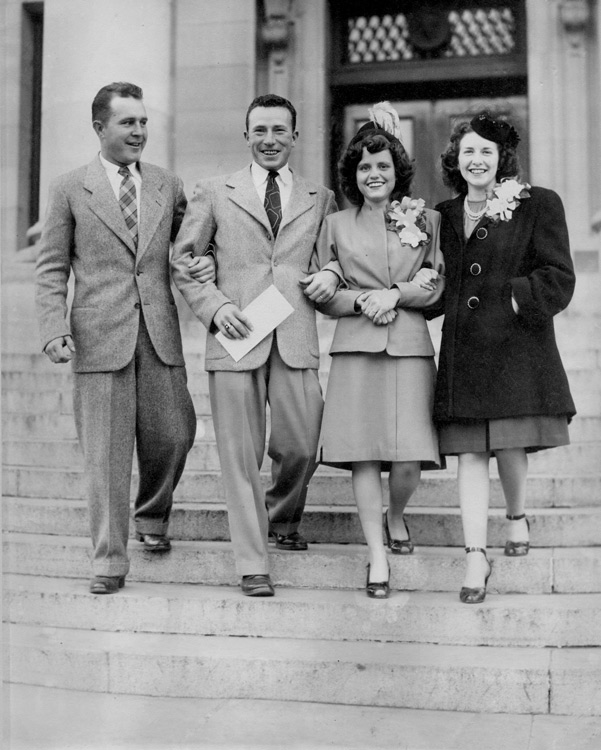 Billy Russell, Pat's cousin, was best man; Pat and Leona; Rita (Waddlow) Batten, maid of honor, in Reno on our wedding day.