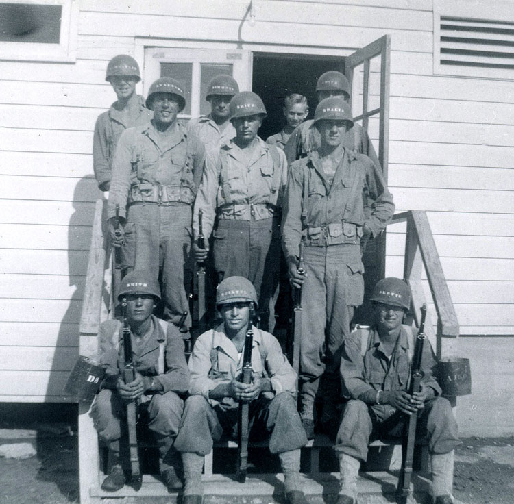 Joe (seated at center) at barracks at Camp Hood, Texas, 1944