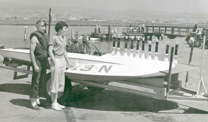 Joe and cousin in 1949 at Oakland Estuary, next to 225 hydroplane topped with his trophies