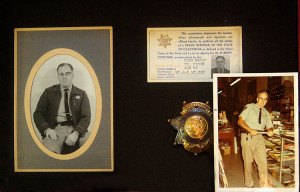 Shadow box with photos of Walt Rogers in his Tuolumne County Deputy Sheriff uniform , his identification card, and his retirement badge