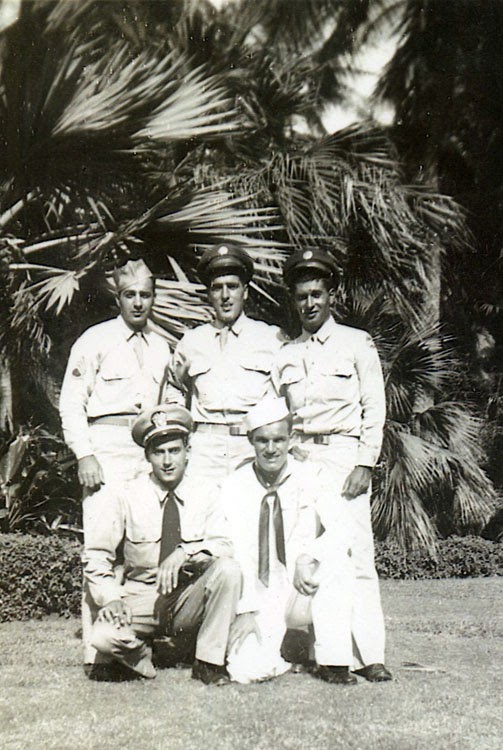 Soares and friends on a day off in Waikikki. Left to right, top row, Tony Lewis, Ed and Al Mattos; bottom row, Charlie Maciel and Tony Freitas, Ed's cousin.