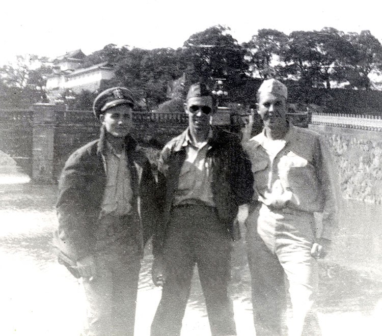 Fred (center) with shipmates Jim Rutherford and Ira Briehan at Emperor's Palace