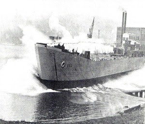 A picture of the LST Don was assigned to, Number 655. The photo was taken as it was launched.  He was aboard for 27 months.